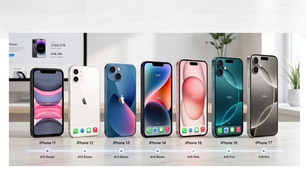 Linha do iPhone 11 ao iPhone 17 lado a lado com especificações e título Guia Completo: Qual iPhone Comprar em 2026?