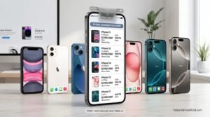 Mockup estilizado de uma tabela comparativa de iPhones em pé sobre uma mesa, com destaque para a tela do meio mostrando especificações e um botão 'Print & Save'. No fundo, a linha do tempo de evolução do iPhone 11 ao 17.